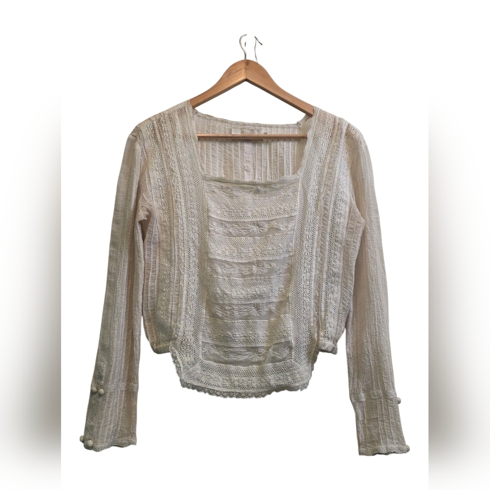 Candela 100% Silk Lace Ivory Long Sleeve Button-Back Blouse Elastic Waist Size M